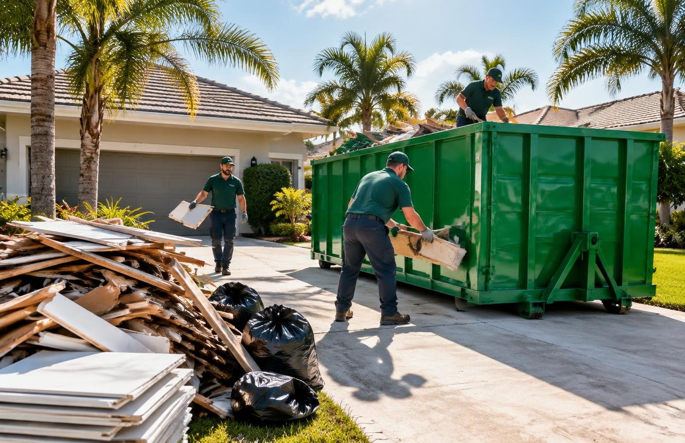 Cleanup crew loading renovation debris into a green roll-off dumpster