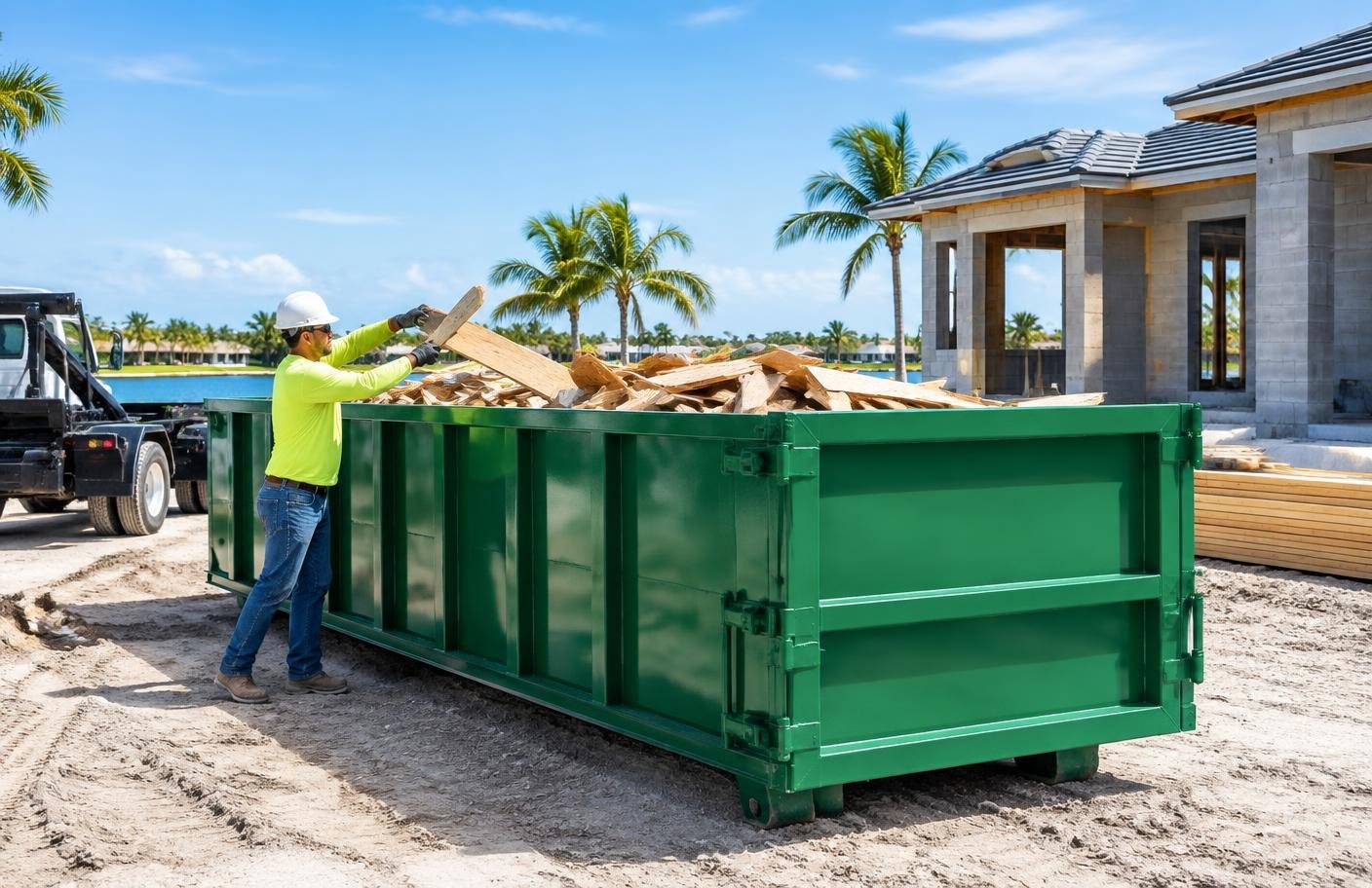 Contractor placing wood debris in a roll-off dumpster at a Florida construction site