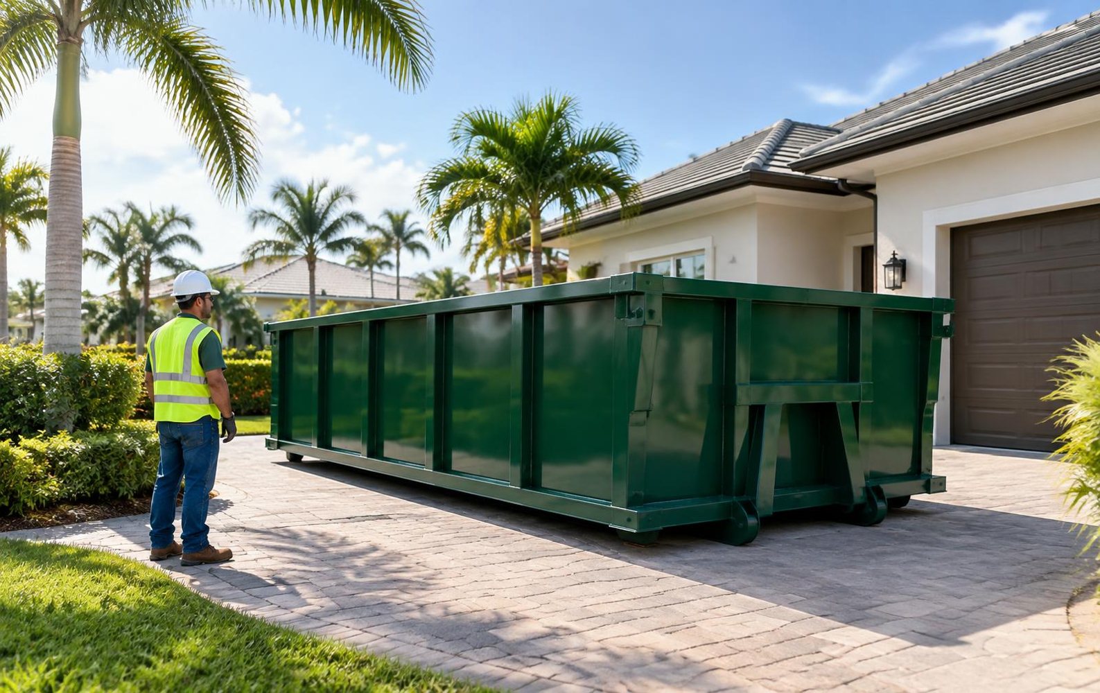 Green roll-off dumpster positioned on a Florida residential driveway